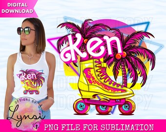 May include: A yellow and pink roller skate with the name "Ken" in pink letters on a background of palm trees and a sunset. The roller skate has pink wheels and a pink and yellow design.