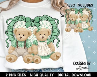 Coppia di orsacchiotti di seconda mano in PNG verde, design digitale - Design a sublimazione Grandma Core - Cottage Core - Fattoria - Coquette - Design per magliette vintage