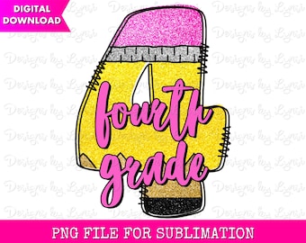 Fourth Grade PNG Digital Design - Back to School Design - School Grade Png - 4th Grade Teacher - Doodle Letter Pencil - 4th Grade Sublimate