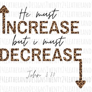 May include: A graphic with a cheetah print background and the text "He must increase but I must decrease" with arrows pointing up and down. The text "John 3:30" is also included.