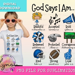 Dios dice que soy PNG Diseño digital - Diseño de sublimación cristiana - Dios dice diseño - Diseño de versículo bíblico - Escritura PNG - Diseño de animadora