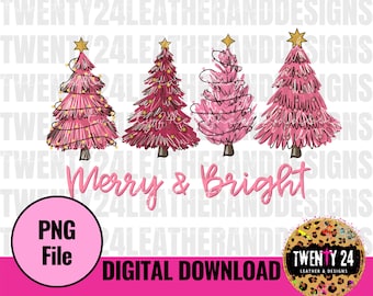 Merry and Bright PNG Digital Download - Sublimation Design - Christmas Clipart-  Pink Christmas Tree - Graphic Tshirt