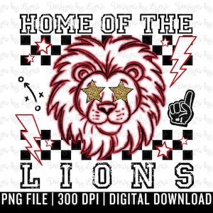 Lions Red Preppy Mascot PNG Digital Design - Checkered Mascot - School Spirit Design - Home of The Lions Png - Team Mascot - Lion Clipart