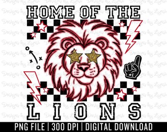 Lions Red Preppy Mascot PNG Digital Design - Checkered Mascot - School Spirit Design - Home of The Lions Png - Team Mascot - Lion Clipart