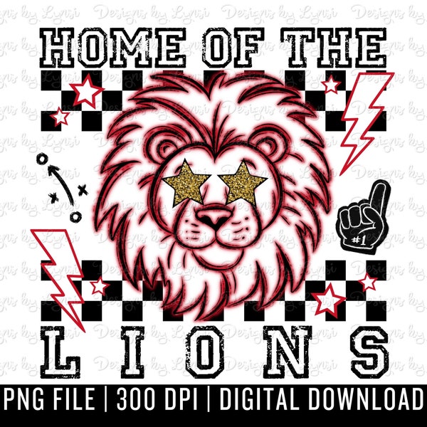Lions Red Preppy Mascot PNG Digital Design - Checkered Mascot - School Spirit Design - Home of The Lions Png - Team Mascot - Lion Clipart
