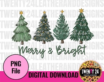 Merry and Bright PNG Digital Download - Sublimation Design - Christmas Clipart-  Christmas Trees - Graphic Tshirt