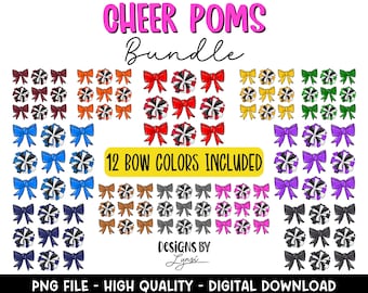 Coquette Cheer Poms BUNDLE PNG Design digitale - Design a sublimazione per cheerleader - Design per magliette da cheerleader - Di tendenza - Fiocco da cheerleader