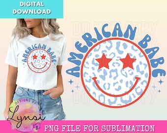 American Babe PNG Digital Design - USA Sublimation Png - 4 juli Smiley Png - Leopard Smiley Png - Trendiga USA T-shirtdesigner