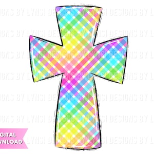 Rainbow Plaid Cross Sublimation PNG Digital Download - Hand Drawn Cross - Christian PNG - Printable Artwork - Cross Clipart - Easter Cross