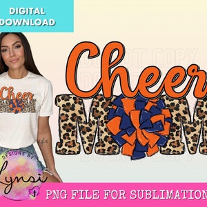 Cheer Mom PNG Digital Design - Cheer Sublimation Design - Leopard Cheer Navy Orange Design - Cheer Pom Pom - Cheerleading Png