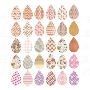 May include: Set of 24 digital clipart images featuring various patterns in a teardrop shape. The patterns include rainbows, gingham, floral, and smiley faces. The colors are mostly pastel pink, purple, blue, and yellow.