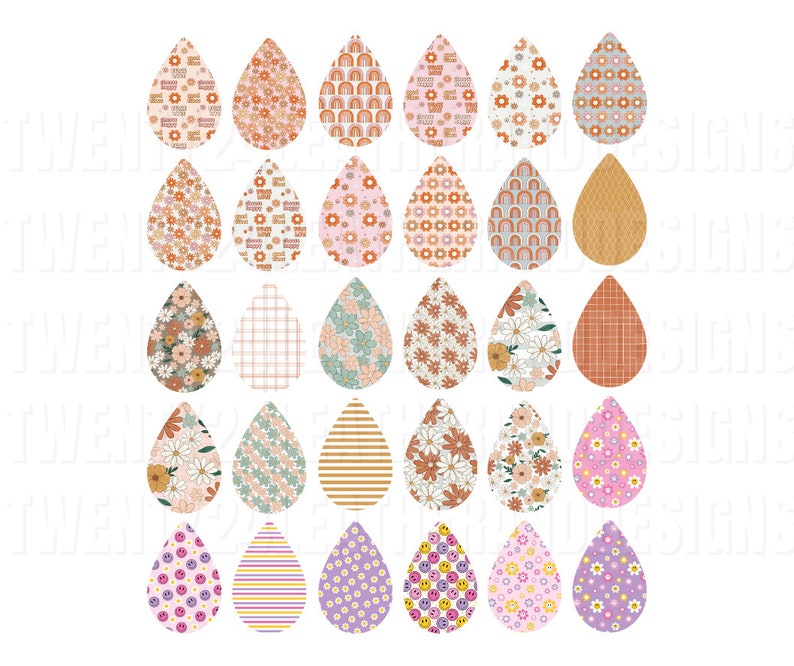 May include: Set of 24 digital clipart images featuring various patterns in a teardrop shape. The patterns include rainbows, gingham, floral, and smiley faces. The colors are mostly pastel pink, purple, blue, and yellow.