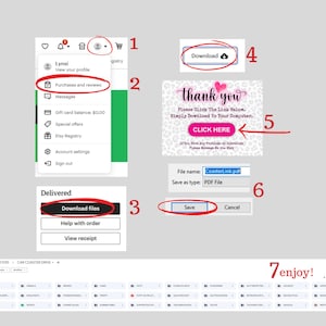May include: A screenshot of an Etsy shop showing a customer downloading a digital file. The customer has purchased a set of coasters with various designs. The download button is highlighted in red. The text "thank you" is displayed in a pink box with a leopard print background. The text "CLICK HERE" is highlighted in red. The file name "CoasterLink.pdf" is displayed in a text box. The text "Save as type: PDF File" is displayed in a text box. The "Save" button is highlighted in red. The text "7enjoy!" is displayed in a red box.