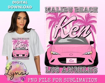 May include: Pink sublimation design featuring a pink car with palm trees and the text "Malibu Beach Ken Los Angeles".