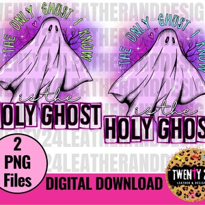 Op de afbeelding: Twee digitale downloads van een paarse geest met de tekst "De enige geest die ik ken is de Heilige Geest" in zwart-witte tekst op een roze en paarse achtergrond.
