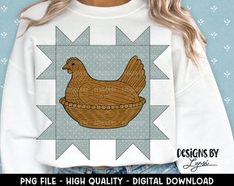 Trapunta con gallina sul nido, design digitale PNG, Grandma Core Sublimation, Cottage Core, Fattoria, design per magliette vintage, patchwork