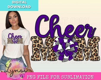 Cheer Mom PNG Digital Design - Cheer Sublimation Design - Leopard Cheer Purple Design - Cheer Pom Pom - Cheerleading Png