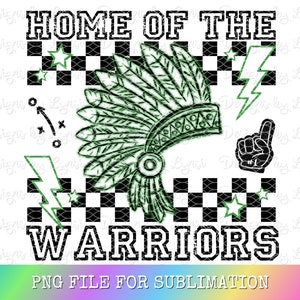 Warriors Green Preppy Mascot PNG Digital Design - Checkered Mascot - School Spirit Design - Home of The Warriors Png - Team Mascot
