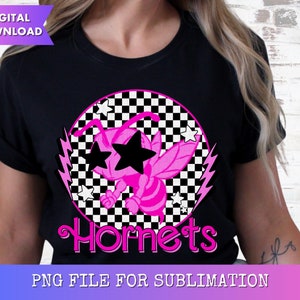 Hornets Glitter Preppy Mascot PNG Digital Design - Checkered Mascot - School Spirit Design - Hornet Png - Team Mascot - Pink Hornets Clipart