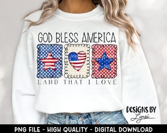 Dio benedica l'America PNG Design digitale - Design a sublimazione retrò - Design per magliette USA - Design patriottico preppy - 4 luglio - Stelle e strisce