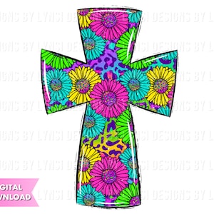 Floral Cross Sublimation PNG Digital Download - Hand Drawn Cross - Christian PNG - Printable Artwork - Cross Clipart - Easter Cross