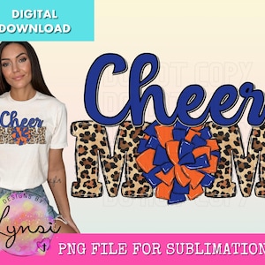 Cheer Mom PNG Digital Design - Cheer Sublimation Design - Leopard Cheer Orange Blue Design - Cheer Pom Pom - Cheerleading Png