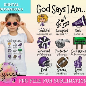 Puede incluir: Una camiseta blanca con el texto "God Says I Am..." y una lista de atributos positivos y versículos bíblicos. La camiseta la lleva puesta una persona joven con gafas de sol. La imagen también incluye un conjunto de 9 ilustraciones coloridas con versículos bíblicos, cada una representando un atributo positivo diferente.