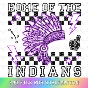 Indians Purple Preppy Mascot PNG Digital Design - Checkered Mascot - School Spirit Design - Home of The Indians Png - Team Mascot