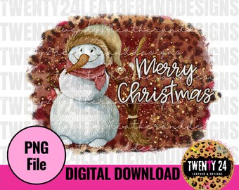 Merry Christmas Snowman PNG Digital Download - Sublimation Design - Christmas Clipart- Leopard Snowman - Graphic Tshirt
