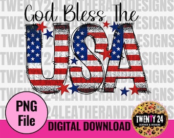 God Bless The USA PNG Digital Design - American Flag Letters - Patriotic Sublimation Design - 4th of July