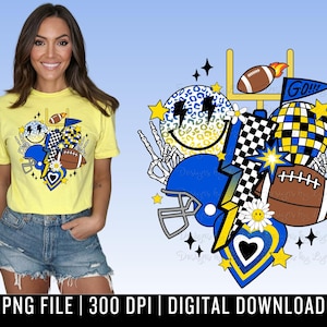 Retro Football PNG Digital Design - Blue & Yellow Football Sublimation - Football Smiley Face - Game Day - Leopard Football Png