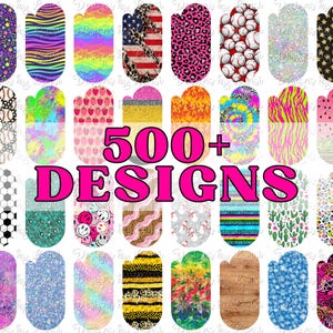 May include: A collection of nail art designs in various patterns and colors, including stars, animal prints, and tie-dye. The image features the text "500+ DESIGNS" in pink.