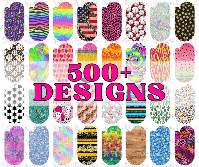 May include: A collection of nail art designs in various patterns and colors, including stars, animal prints, and tie-dye. The image features the text "500+ DESIGNS" in pink.