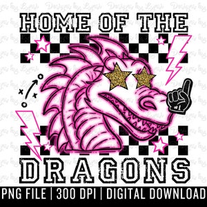 Dragons Pink Preppy Mascot PNG Digital Design - Checkered Mascot - School Spirit Design - Home of The Dragons Png - Team Mascot