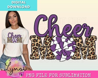 Cheer Mom PNG Digital Design - Cheer Sublimation Design - Leopard Cheer White Purple Design - Cheer Pom Pom - Cheerleading Png