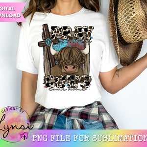Pray Until The Cows Come Home PNG Digital Design - Country Sublimation Design - Cowhide Design - Western Cross Png - Highland Cow Png