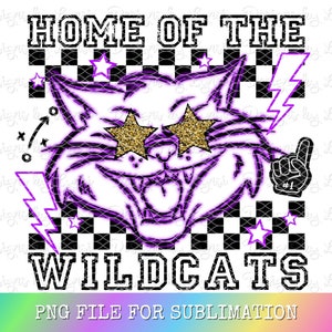 Wildcats Purple Preppy Mascot PNG Digital Design - Checkered Mascot - School Spirit Design - Home of The Wildcats Png - Team Mascot