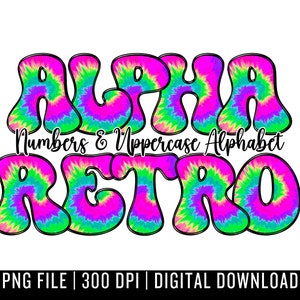 Retro Alphabet Uppercase Letters & Numbers - PNG Digital Download - Hand Drawn Doodle - Sublimation Alpha Set - Tie Dye Font