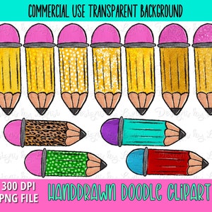 Bleistift Bundle - Doodle Clipart PNG Digital Design - Handgezeichnete Clipart - Lehrer Sublimation - Schulbedarf - Kommerzielle Nutzung