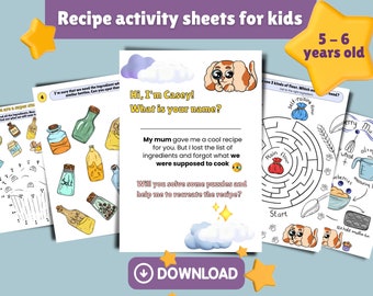 Puede incluir: Una hoja de actividades imprimible para niños de 5 a 6 años con un laberinto, una receta de muffins de arándanos y un rompecabezas con ingredientes. La hoja está diseñada para ayudar a los niños a aprender sobre la cocina y divertirse.