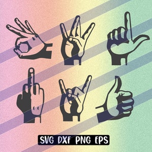 Señales de mano svg dxf png eps descarga instantánea taza regalo Silhouette cameo cricut Guerra, dedo, gesto, signo L, pulgares hacia arriba