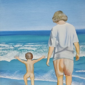 母と子 - ビーチを散歩、ウォールアート、キャンバスプリント、海景、青い海、ギリシャ、壁掛け、インナーピースギャラリー