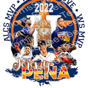 May include: A blue and orange baseball themed graphic with the text "ALCS MVP", "AL GOLD GLOVE", "WS MVP", and "2022". The graphic features a collage of baseball players and a trophy.