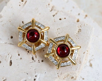 Stunning NOS Delicate Classic Button Clip On Earrings with Red Cabochon and Rhinestones