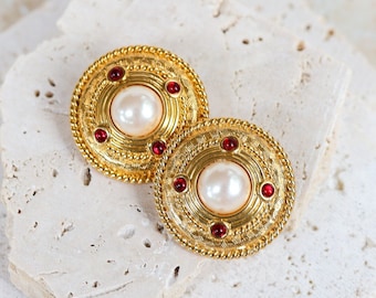 Amazing Gold Tone Classic Button Shaped Vintage Clip On Earrings with Baroque Pearls and Red Cabochon Stones