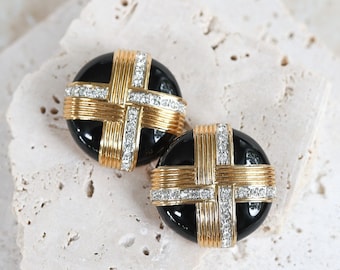 Gorgeous Vintage 1980s Massive Gold And Black Round Classic Couture Statement Clip Earrings