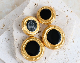 Vintage Black Enamel Drop Chunky Clip On Earrings