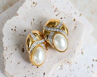 Beautiful Vintage 1980's Large Gold Classic Statement Clip On Earrings With Faux Baroque Pearls