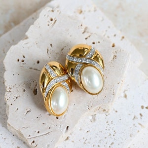 Beautiful Vintage 1980's Large Gold Classic Statement Clip On Earrings With Faux Baroque Pearls image 1