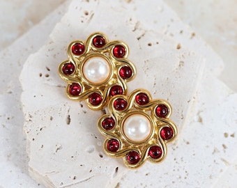 Gorgeous New Old Stock Statement Floral Shaped Clip On Earrings with Faux Pearl and Red Lucite Cabochon Stones